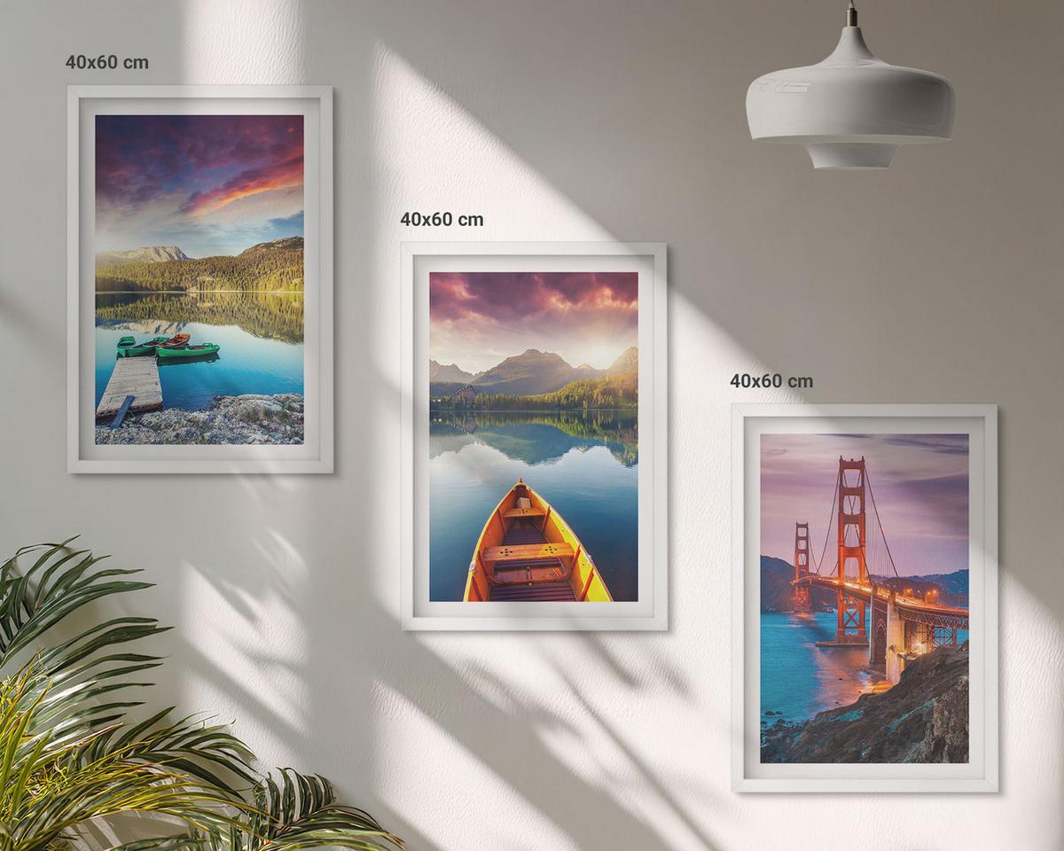 BILDER SET 3er Set - 40x60 cm Weißer Rahmen - Bergblick auf den See und die Brücken - Weiß, Kunststoff (40/60cm) - TULUP