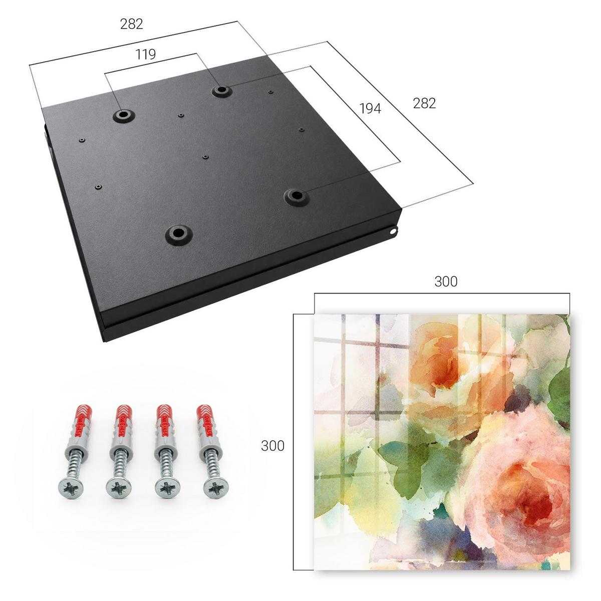 SCHLÜSSELBOX Schwarz 30x30 cm- Türöffnung nach rechts - Aquarellblumen - Grün, Metall (30/30/5cm) - TULUP