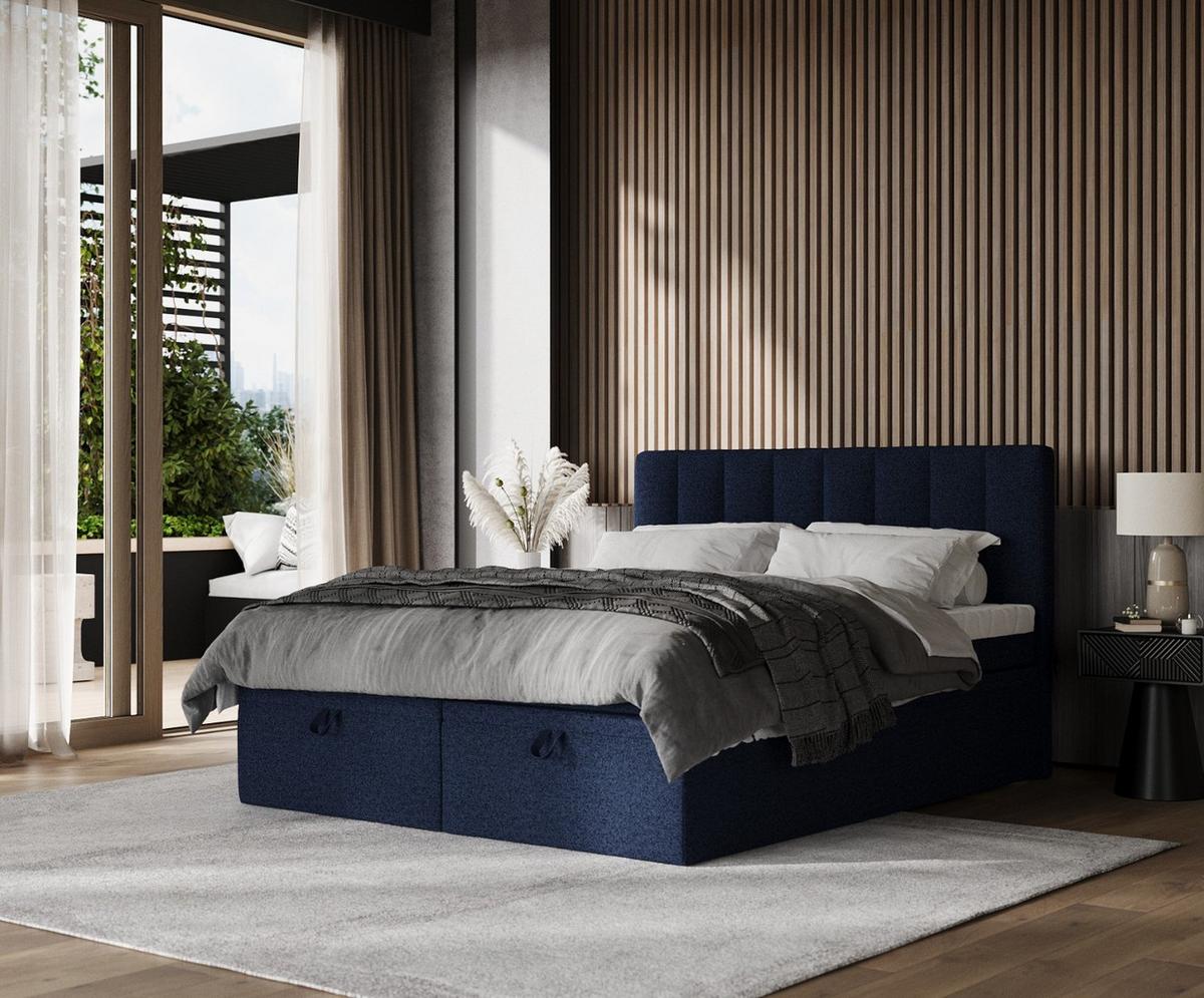BOXBETT Lume 180/200 cm Marineblau im Riva Stoff - Schwarz/Dunkelblau, Holz/Holzwerkstoff (180/200cm) - AltaBeds
