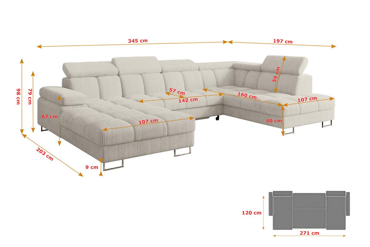WOHNLANDSCHAFT mit Schlaffunktion und Bettkasten Ottomane RECHTS COMA U 345x203x79 Creme Cord - Mokka, Holzwerkstoff/Textil (203/79/345cm) - ALTDECOR