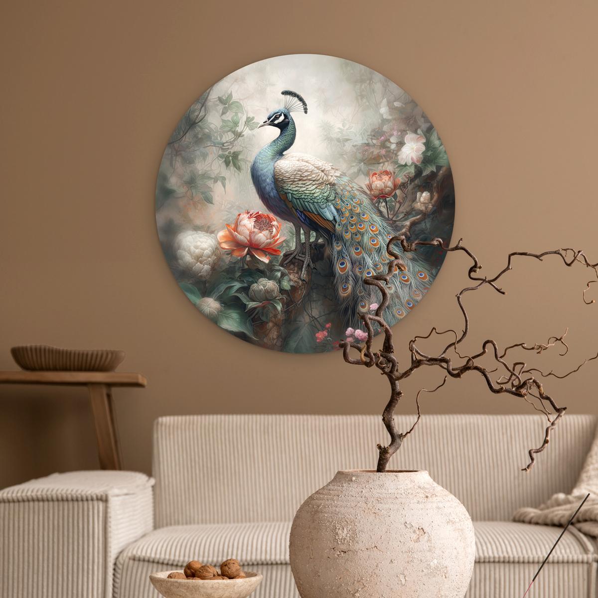 WANDBILD Pfau - Pfauenfedern - Vogel - Dschungel - Blumen Wanddeko Schlafzimmer 60x60 cm - Smaragdgrün, Kunststoff (60/60cm) - MuchoWow
