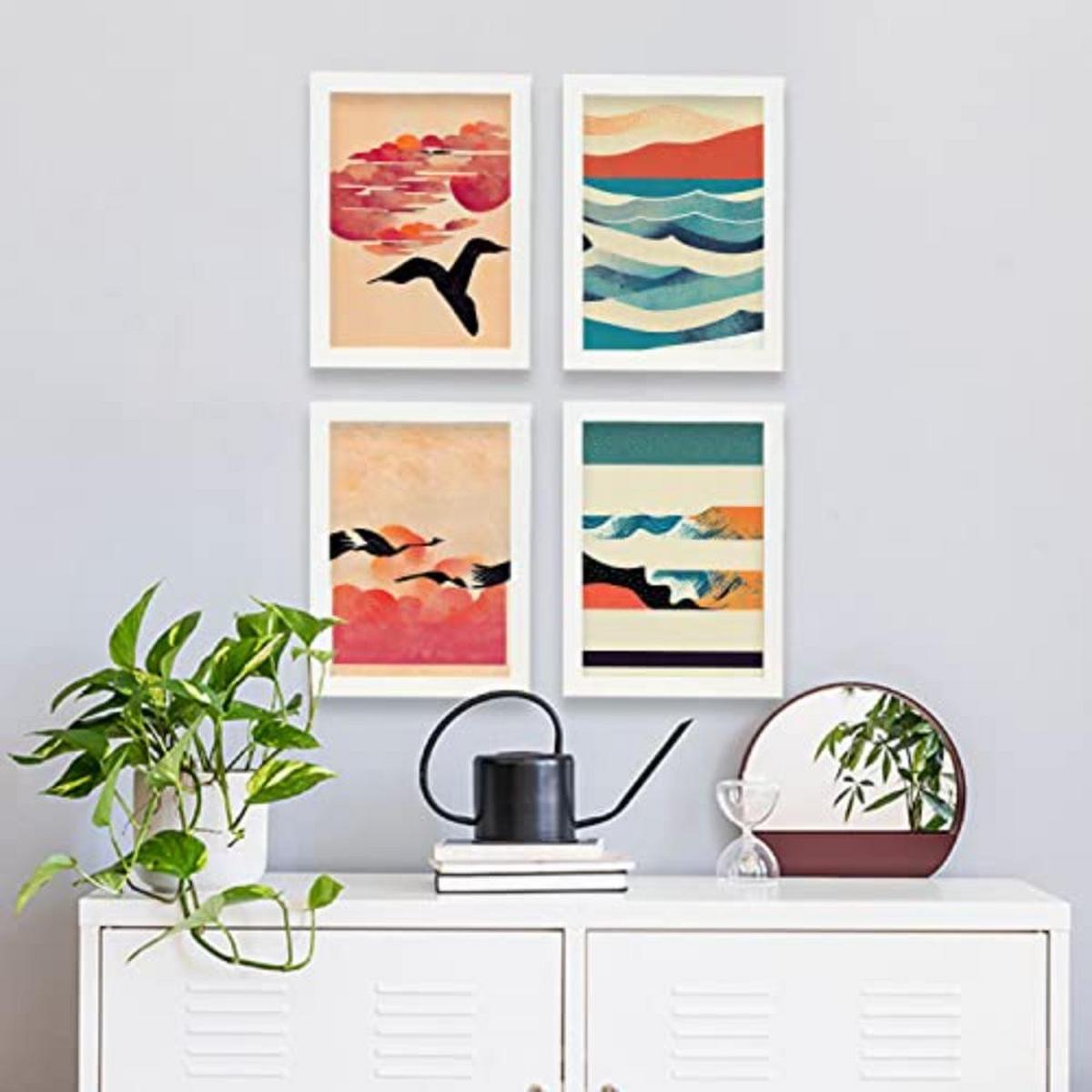 POSTER Set mit 4 Vogel im Abstrakt Moderne Galaxien A4 Rahmen aus hellem Holz - Beige, Papier (29.7/3cm) - Nacnic