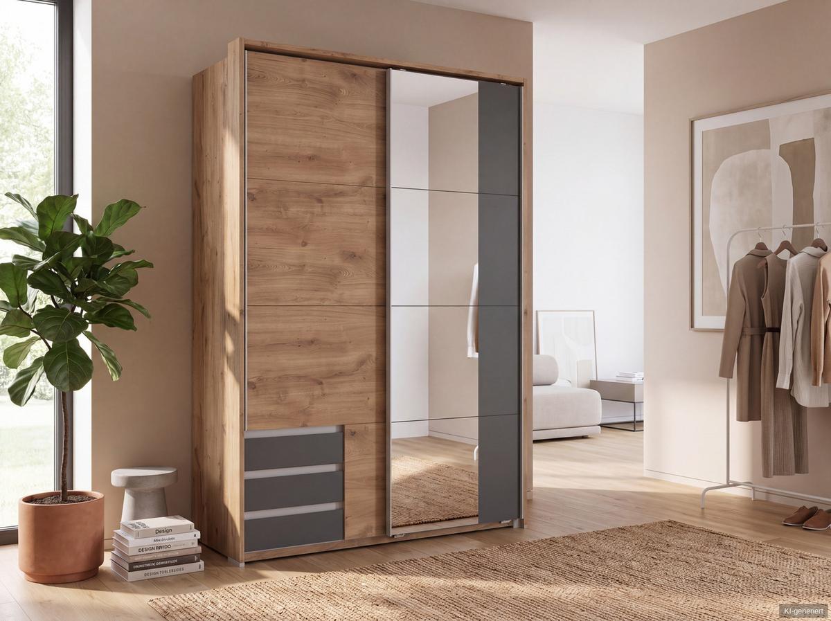 SCHWEBETÜRENSCHRANK 2-türig B138/H200/T65 cm, Passepartout-Kleiderschrank in Eiche Dekor mit Spiegel, 1x Tür & sichtbare Schubkästen in Grafit / 22685 - Eichefarben/Graphitfarben, Holz/Holzwerkstoff (138/200/65cm) - luma-home