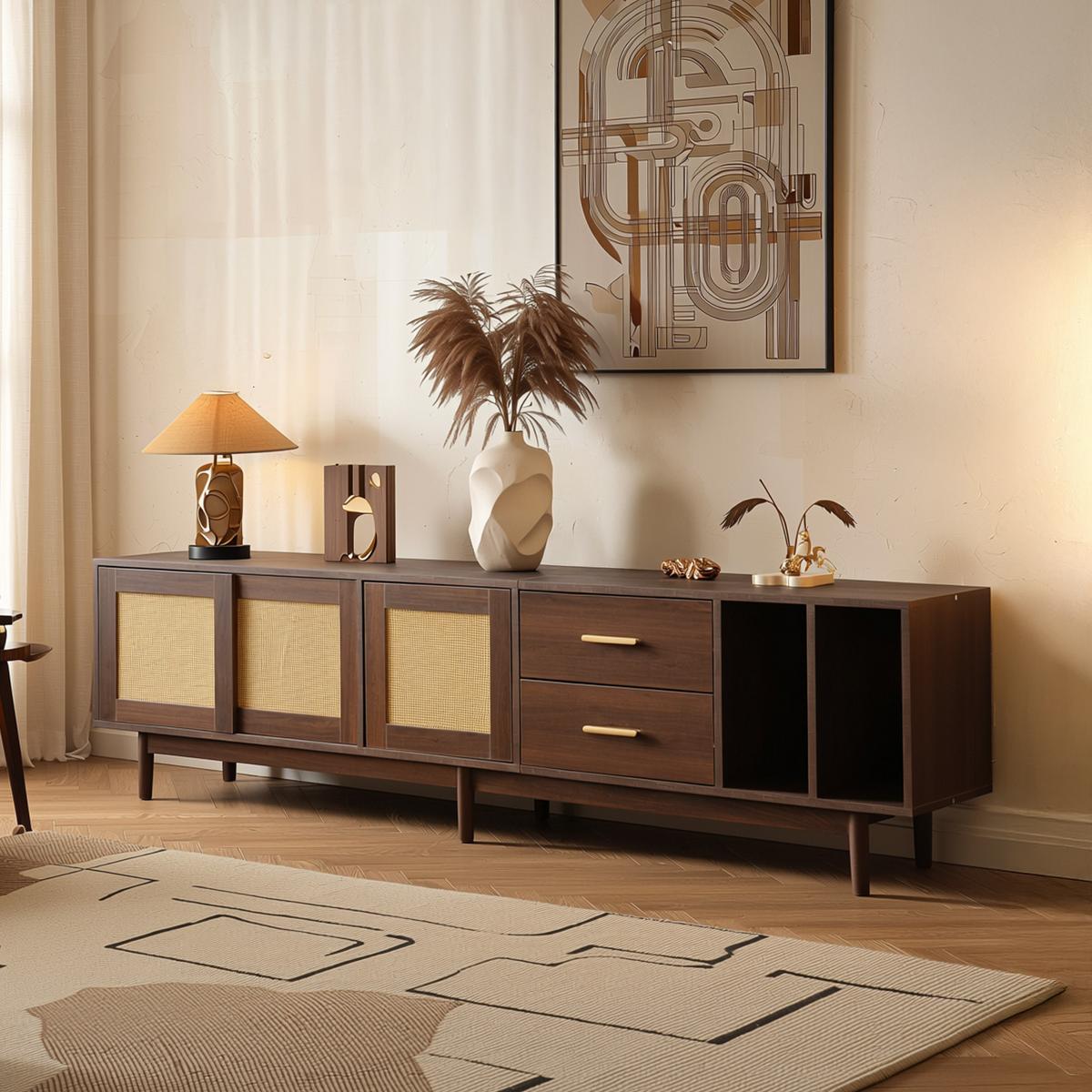 TV-SCHRANK 190 cm Braun & Rattan mit Schiebetüren, 2 Schubladen & 6 Füßen im Retro-Design - Braun, Holzwerkstoff (190/52/40cm) - Urban Meuble