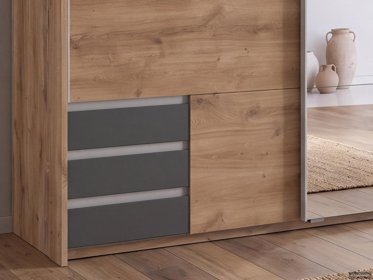 SCHWEBETÜRENSCHRANK 2-türig B183/H200/T65 cm, Passepartout-Kleiderschrank in Eiche Dekor mit Spiegel, 1x Tür & sichtbare Schubkästen in Grafit / 22713 - Eichefarben/Graphitfarben, Holz/Holzwerkstoff (183/200/65cm) - luma-home