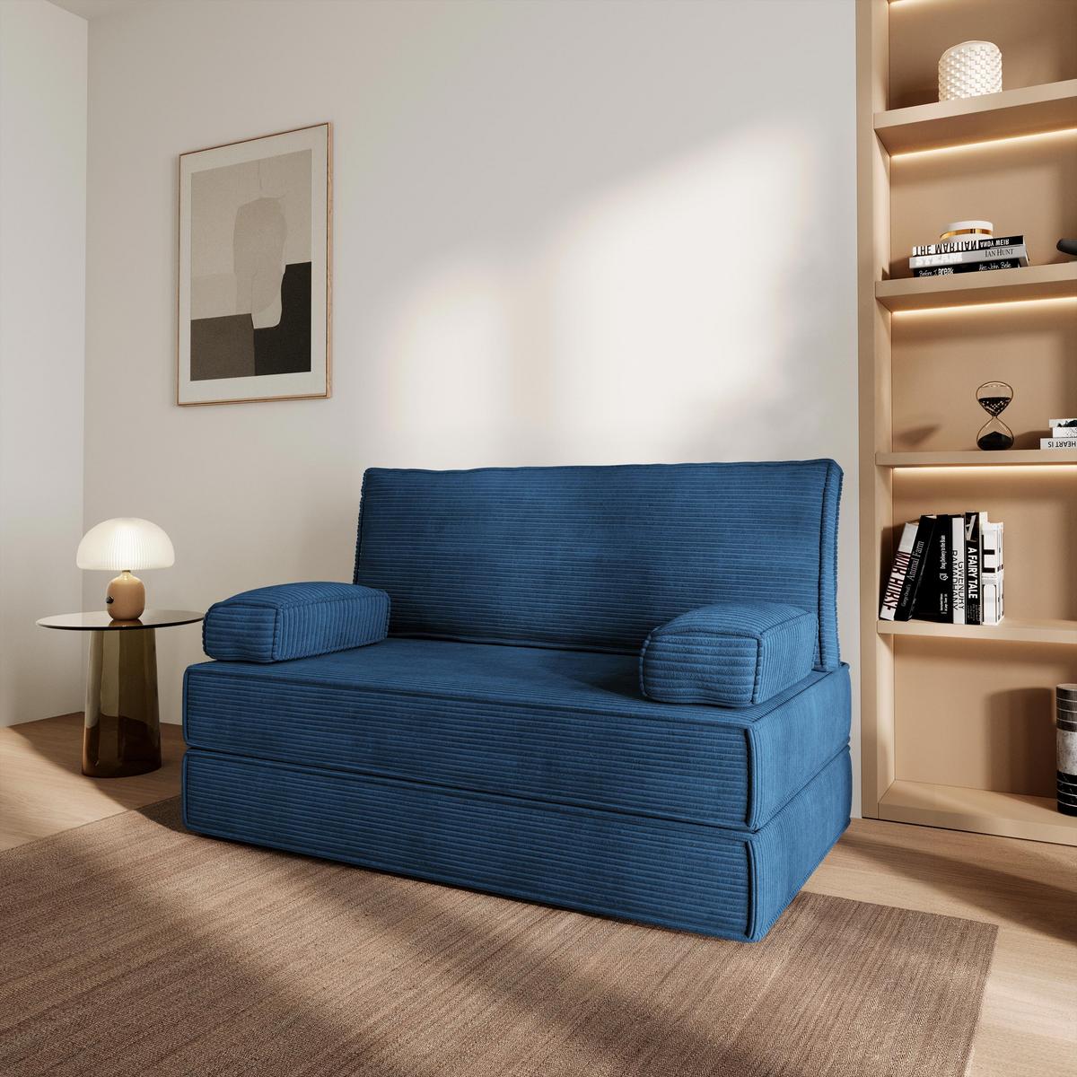 BETTSOFA LADIA aus Schaumstoff Kordstoff Blau Schlaffunktion - Blau, Textil (140/86/60cm) - MASSENO
