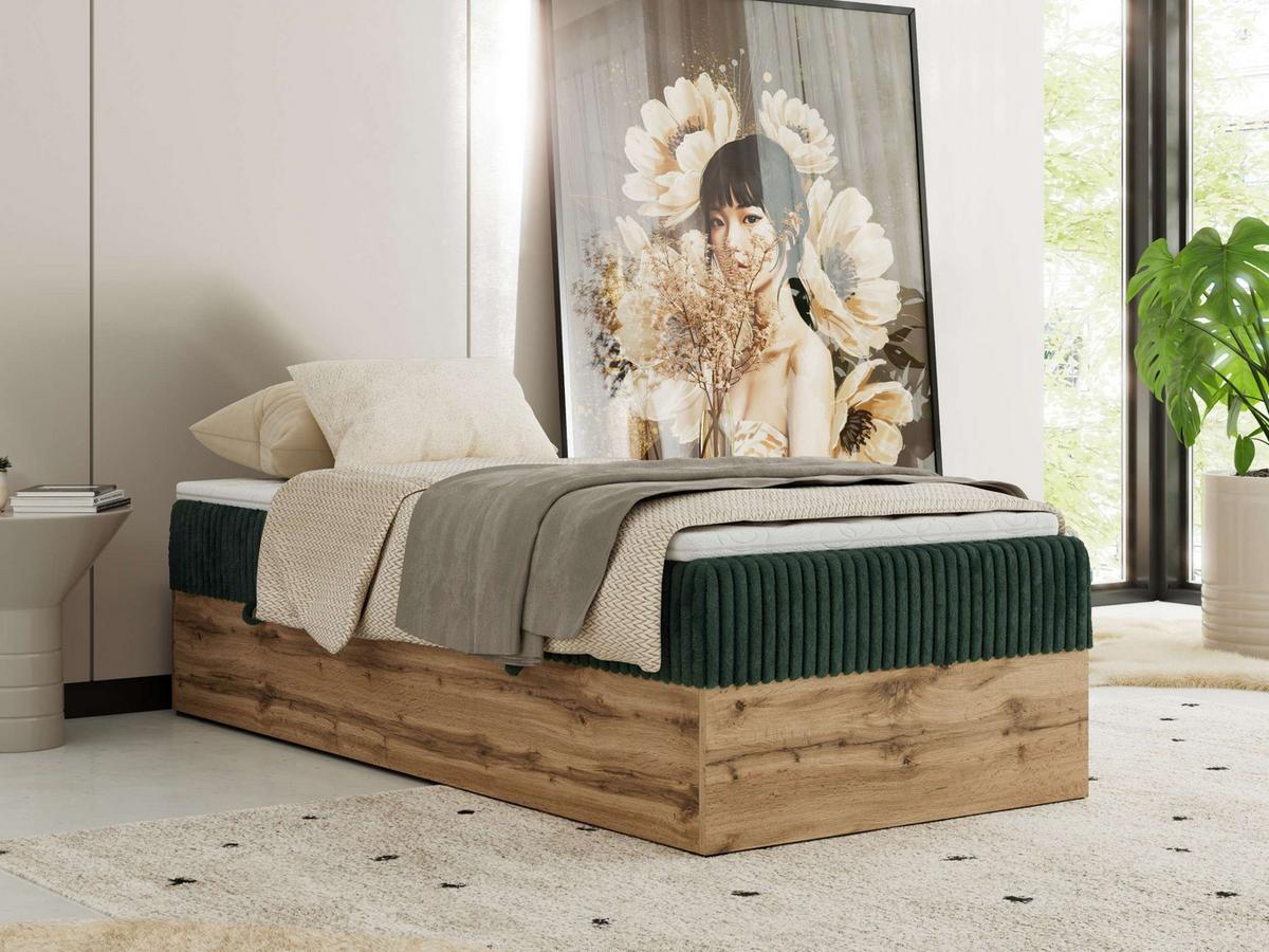 BOXBETT WOOD ZERO 90/200 - Dunkelgrün Cord - H3 - Topper Visco - Dunkelgrün, Textil (90/200cm) - MKS