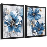 POSTER 2er-Set Wandbilder Blumen Blau Braun modern Wohnzimmer Deko, Schlafzimmer, Küche, Badezimmer Schwarzer Rahmen A4 - Schwarz, Papier (29.7/1/21cm) - Nacnic