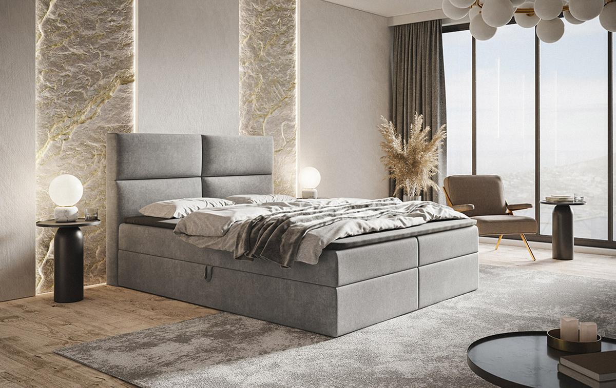 BOXBETT Bonio III 140/200 cm in Hellgrau – mit Bettkasten und Topper - Hellgrau/Schwarz, Holz/Holzwerkstoff (140/200cm) - AX Living