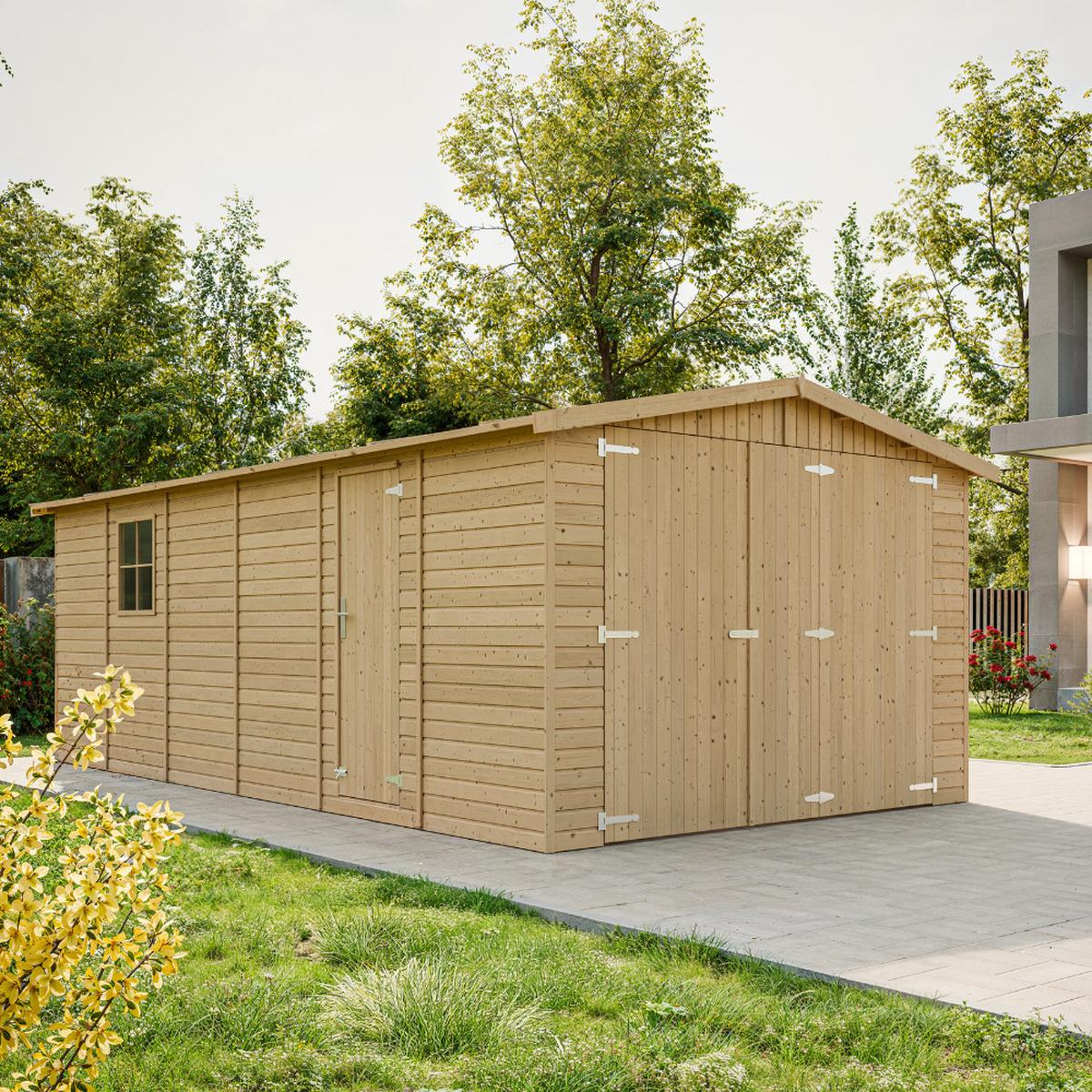 HOLZGARAGE Abstellraum mit Fenstern- H222x616x324 cm /18 m2 - M102 - Naturfarben, Holz (303/183/591cm) - Timbela