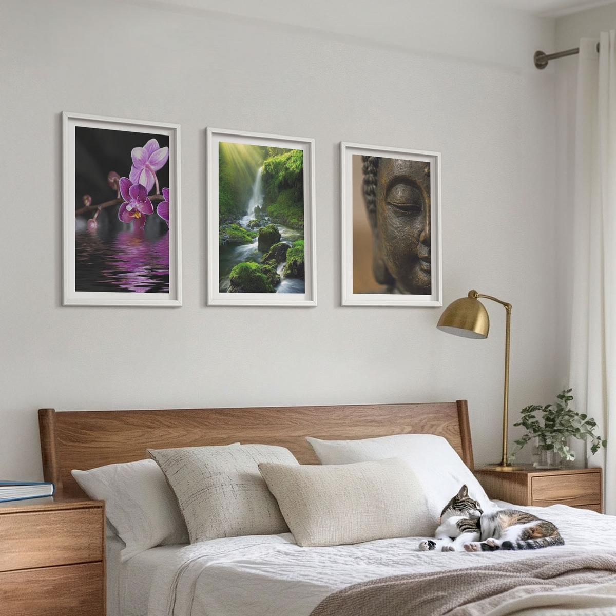 BILDER SET 3er Set - 40x60 cm Weißer Rahmen - Blumen, Wasserfall, Buddha-Felsen, Zen - Weiß, Kunststoff (40/60cm) - TULUP