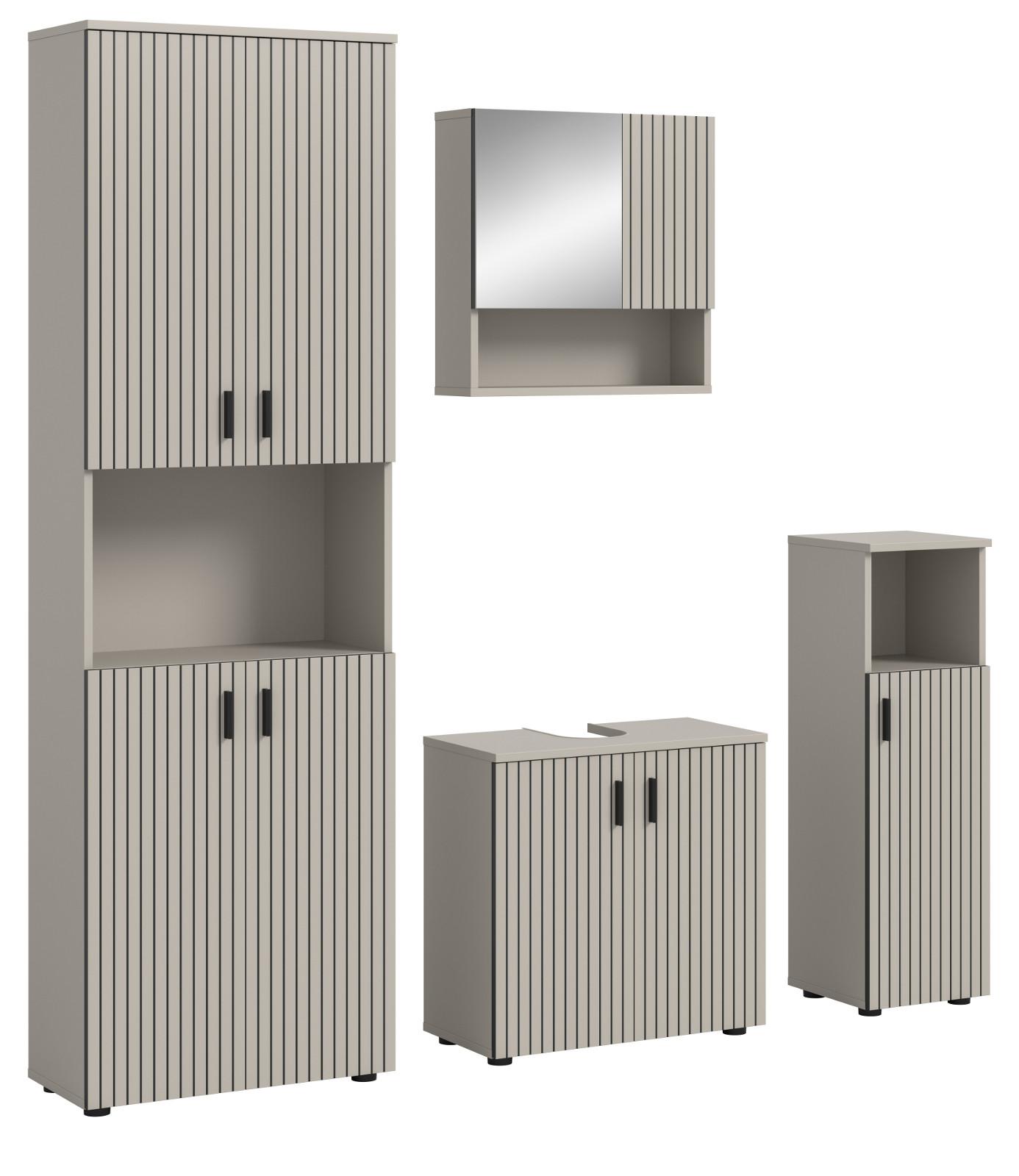 BADMÖBEL-SET Kaschmir 4-teilig 180 cm, Badkombination mit eingefräster Leistenoptik - Kaschmir/Schwarz, Glas/Holzwerkstoff (180/192/30cm) - Inn.Furn