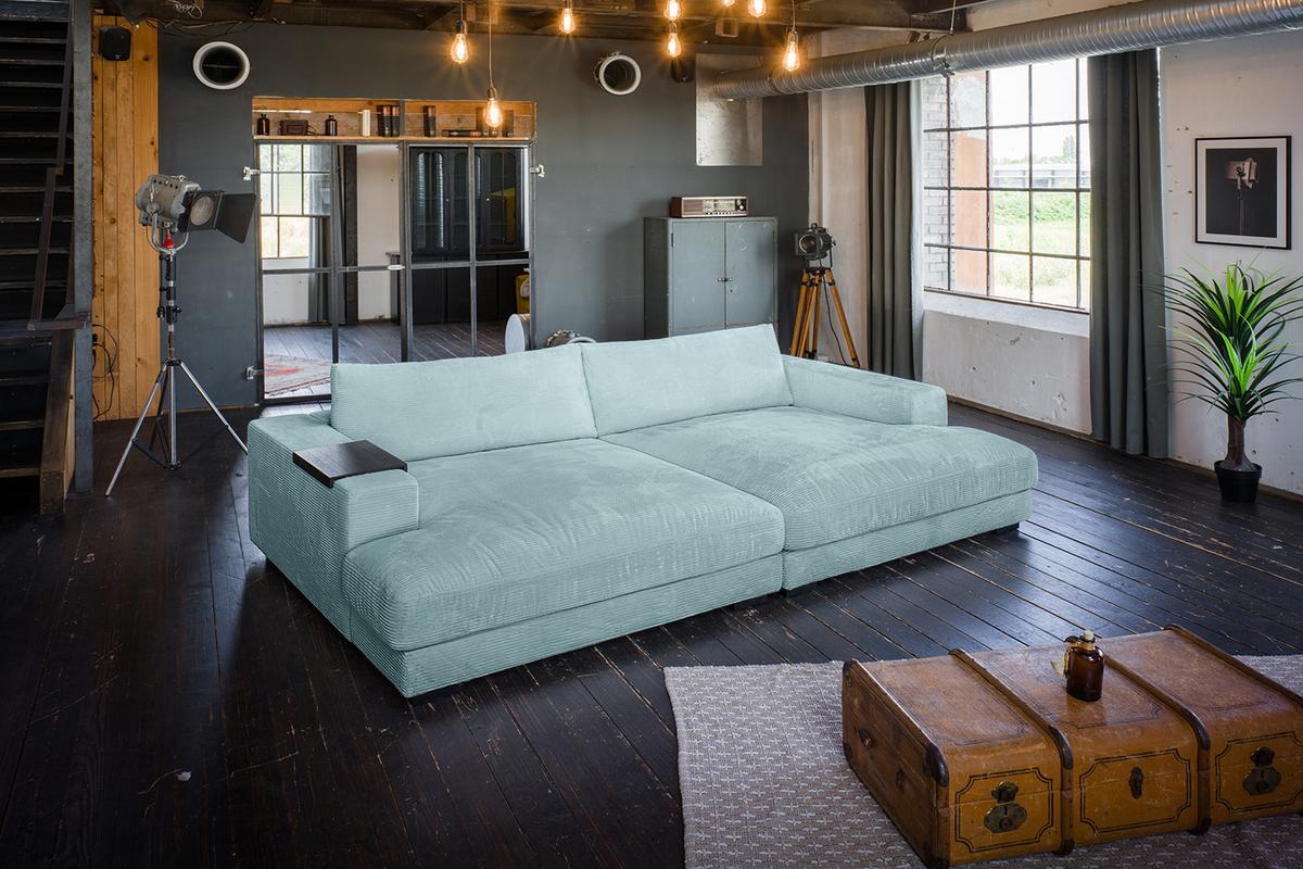 BIG SOFA XL MIT TABLETT MADELINE Hellblau Cord - Schwarz/Hellblau, Kunststoff/Textil (290/85/190cm) - KAWOLA