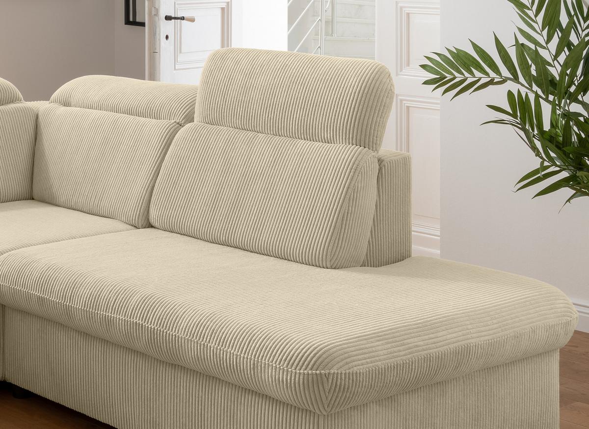 ECKSOFA mit Schlaffunktion, Bettkasten, Kopfstützen verstellbar, Wellenunterfederung, Ottomane rechts B283/T228/H102 cm, Cord Beige Grau / 17216 - Chromfarben/Greige, Textil/Metall (283/228cm) - luma-home
