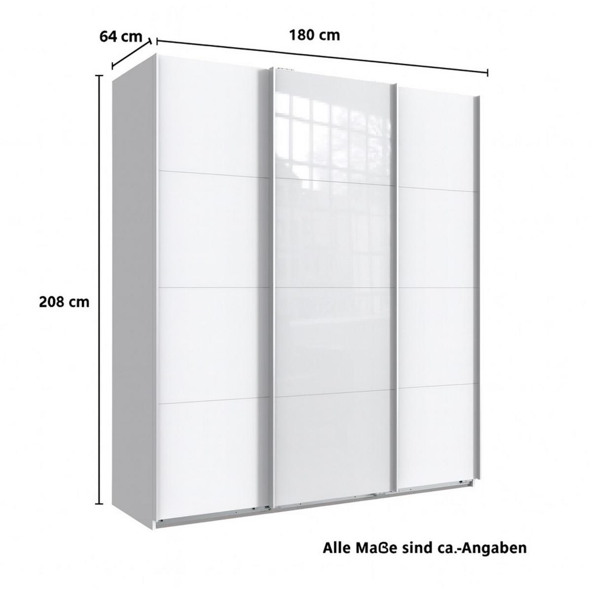 SCHWEBETÜRENSCHRANK 3-türig B180/H208/T64 cm in Weiß, Kleiderschrank mit einer Glasfront-Tür in Weiß / 22514 - Weiß Hochglanz/Weiß, Holzwerkstoff/Metall (180/208/64cm) - luma-home