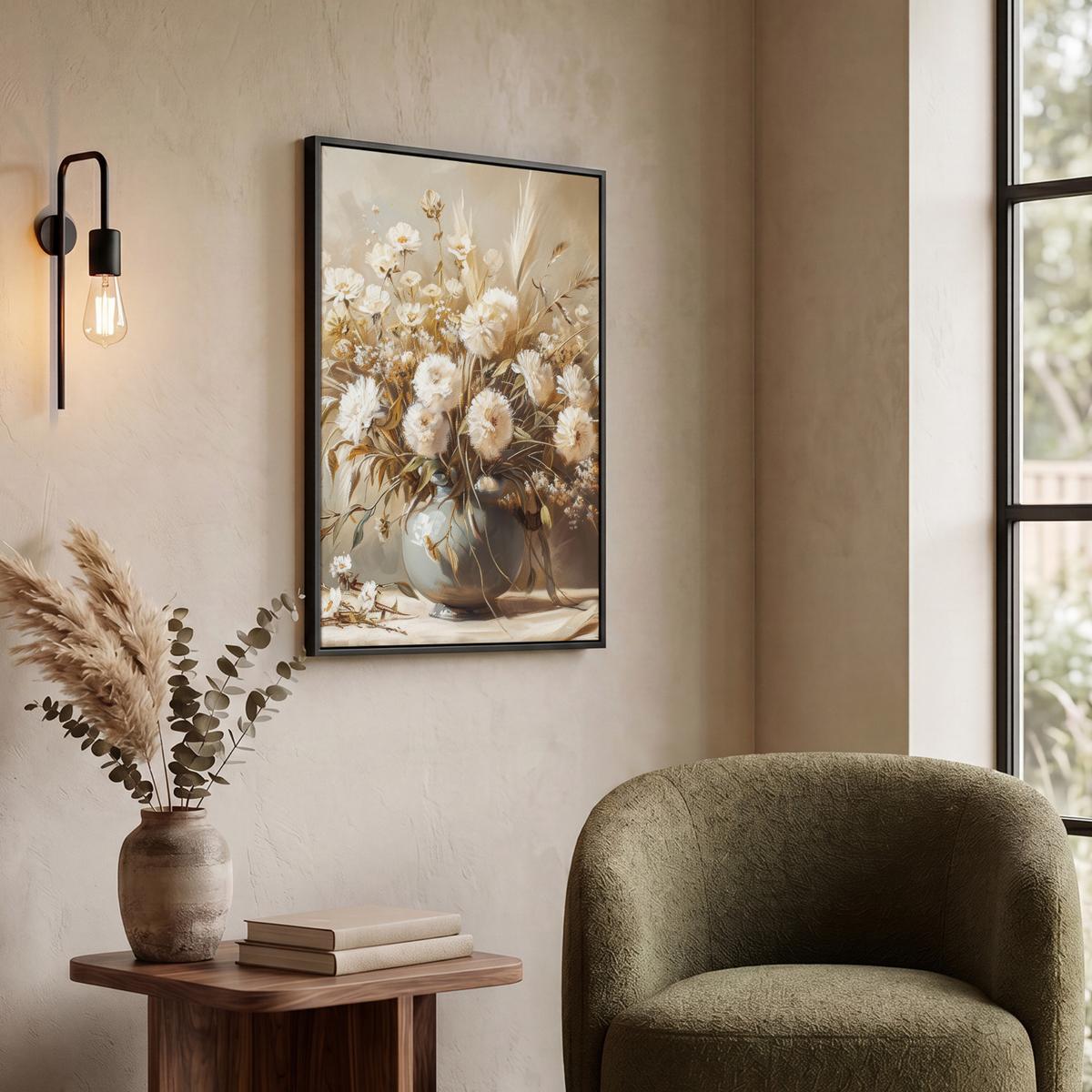 LEINWAND Bilder mit Rahmen - Blumen - Vase - Stilleben - Beige - 50x70 - Creme, Textil (50/70cm) - MuchoWow