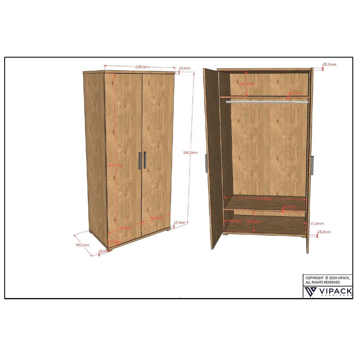KLEIDERSCHRANK Keelia Eiche Melamin 2 trg Stauraum - Eichefarben, Kunststoff (101/199/59cm) - 58aufmkessel