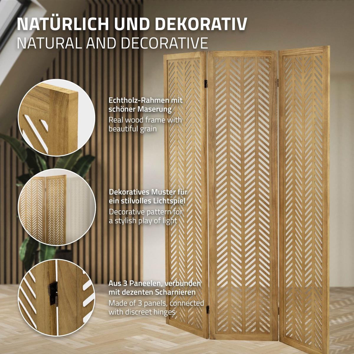PARAVENT 3 teilig Kobe 170x121 cm Natur aus Holz - Braun, Holz (121/170/2cm) - ML-DESIGN