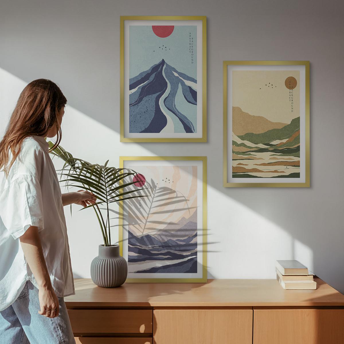 BILDER SET 3er Set - 40x60 cm Goldrahmen - Pastellfarbene Berge im Japandi-Stil - Goldfarben, Kunststoff (40/60cm) - TULUP