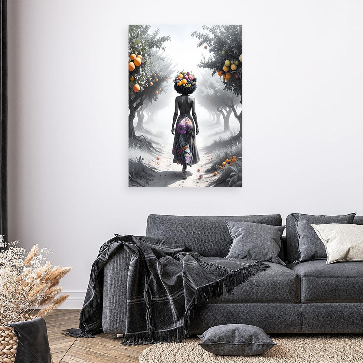 LEINWANDBILD Frau mit Früchten auf dem Kopf 80x120cm - Schwarz, Textil (80/120cm) - Feeby