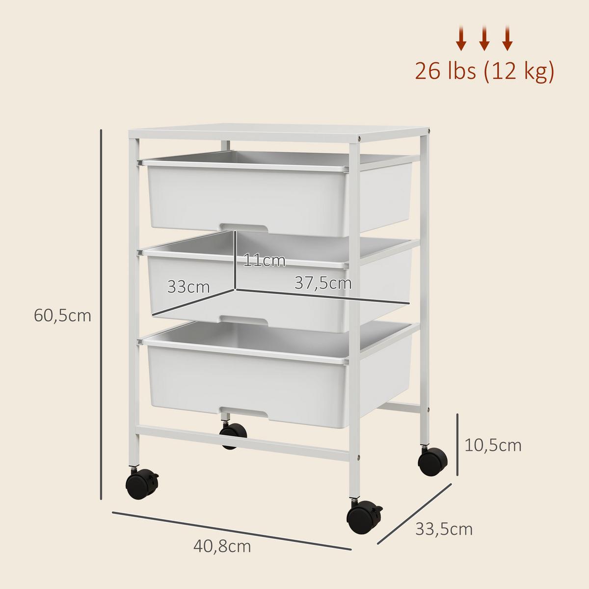 ROLLWAGEN, Servierwagen mit 3 Etagen, 40,8 x 33,5 x 60,5 cm, Weiß - Weiß, Metall (33.5/60.5/40.8cm) - HOMCOM