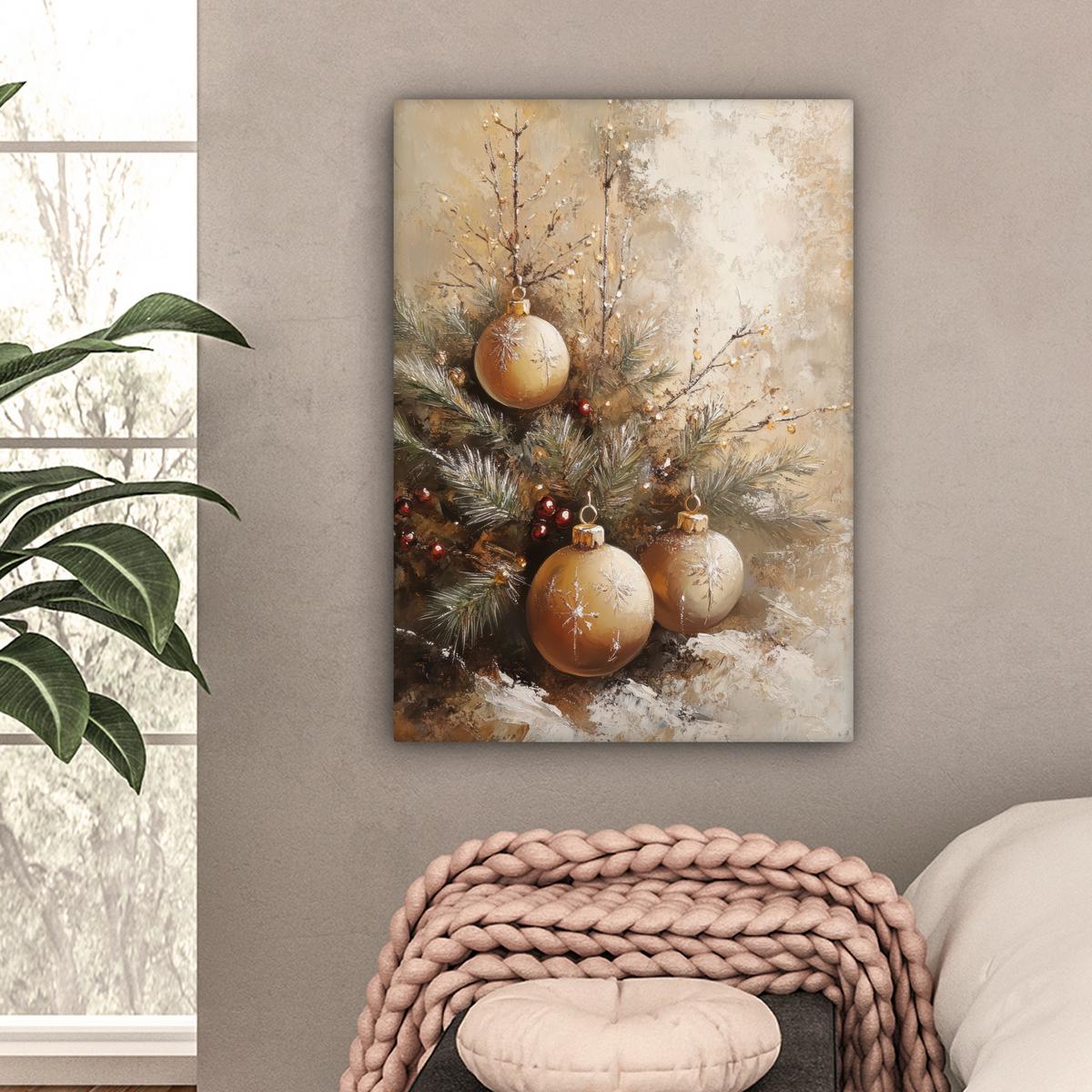 LEINWANDBILD Weihnachten - Kugeln - Beige - Gold Wandbild Wohnzimmer 60x80 cm - Goldfarben, Textil (60/80cm) - MuchoWow