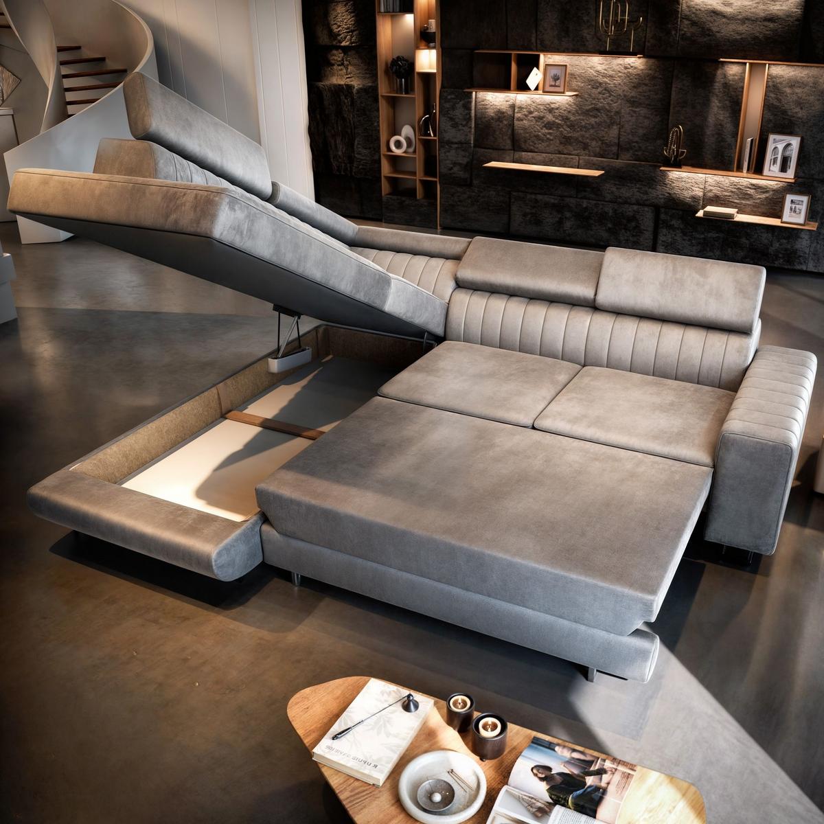 ECKSOFA NOLA L-S Beige Velours-Stoff mit Schlaffunktion - Beige/Silberfarben, Holz/Textil (253/190cm) - MASSENO