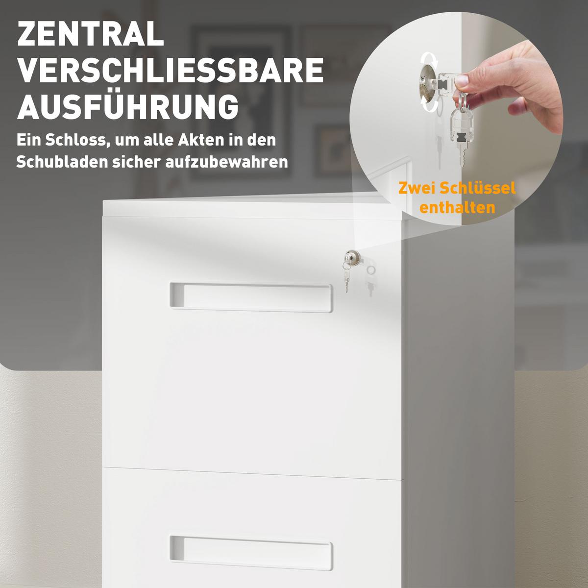 AKTENSCHRANK mit 2 Schubladen, Rollen, für Akten im A4 Format, Stahl, Weiß - Weiß, Metall (48/67/39cm) - Vinsetto