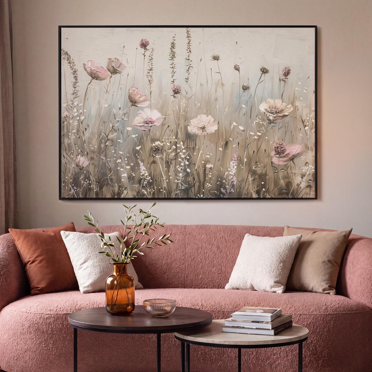 LEINWAND Bilder mit Rahmen - Blumen - Rosa - Modern - Beige - 140x90 - Beige, Textil (140/90cm) - MuchoWow