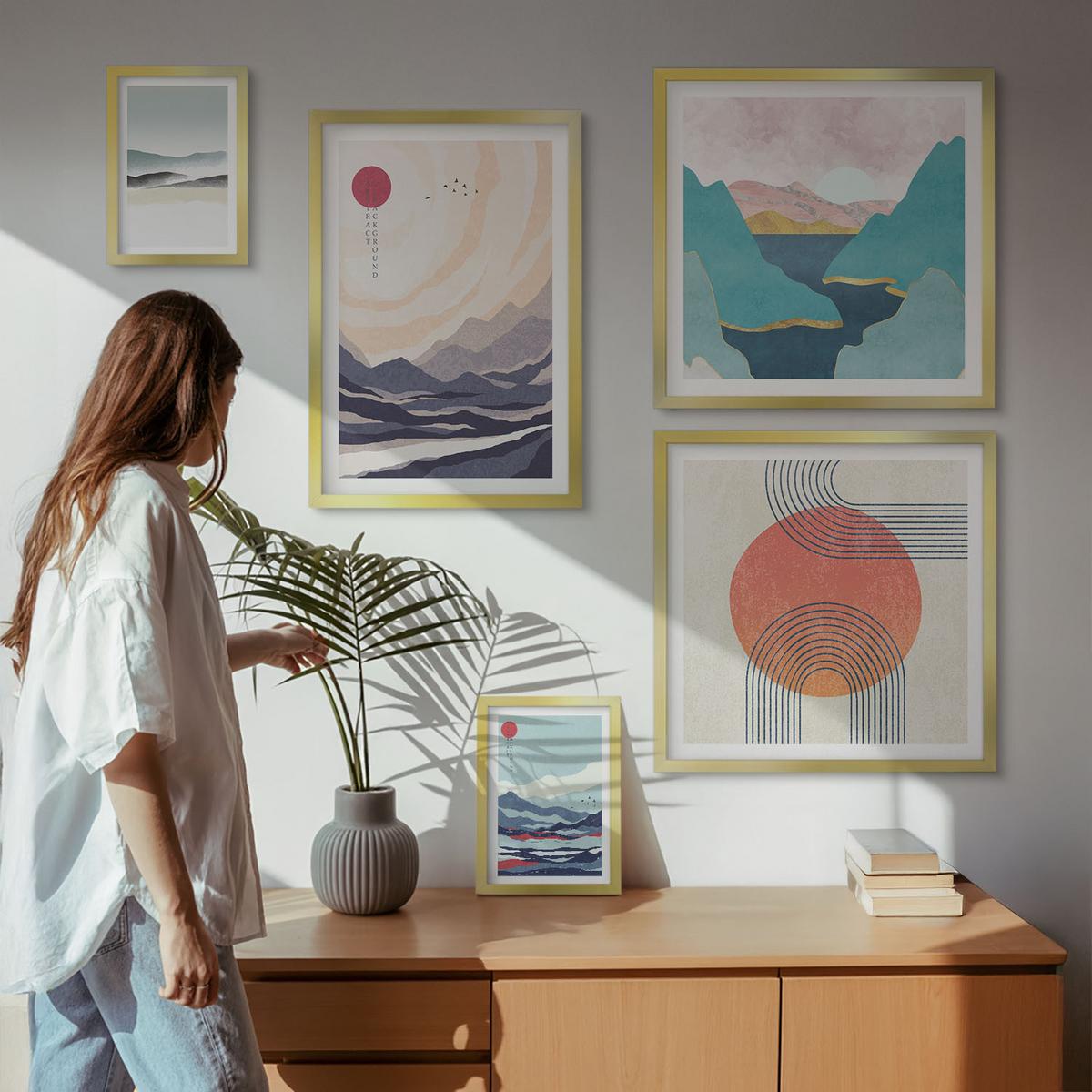 BILDER SET 5er Set - 50x50 cm & 20x30 cm & 40x60 cm Goldrahmen - Farbenfrohe Muster der Japandi-Flussberge - Goldfarben, Kunststoff (40/60cm) - TULUP