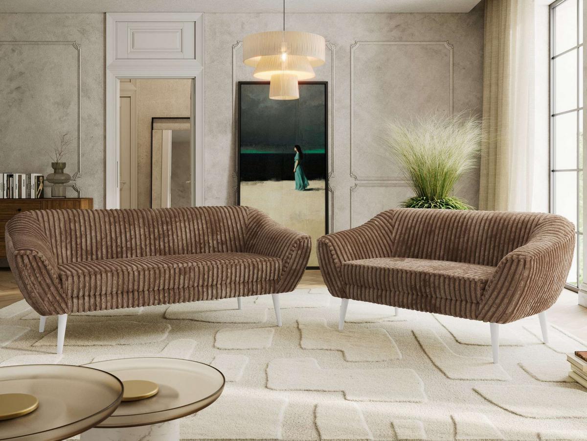 SITZGARNITUR PIRS 3+2 - Braun Cord - Weiße Beine - Braun/Weiß, Holzwerkstoff/Textil (180/75/74cm) - MKS