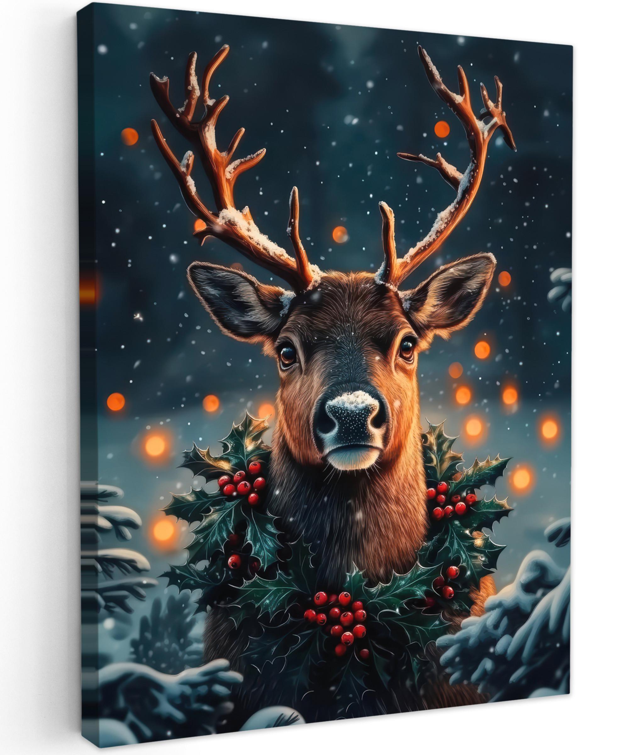 LEINWANDBILD Hirsch - Weihnachten - Winter - Schnee - Weihnachtskranz Room Decor 30x40 cm - Dunkelbraun, Textil (30/40cm) - MuchoWow