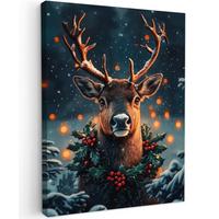 LEINWANDBILD Hirsch - Weihnachten - Winter - Schnee - Weihnachtskranz Room Decor 30x40 cm - Dunkelbraun, Textil (30/40cm) - MuchoWow
