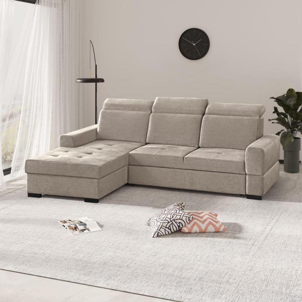 ECKSCHLAFSOFA Alex Mini hellbraun links - Hellbraun/Schwarz, Textil (245/185cm) - Beautysofa