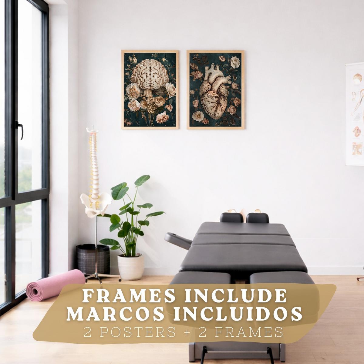 POSTER Set aus 2 Anatomie Mensch Drucke und mit Herz und Gehirn Elegante Florale Illustration Grüner Hintergrund Größe Leichter Holzrahmen A4 - Beige, Papier (21/29.7/3cm) - Nacnic