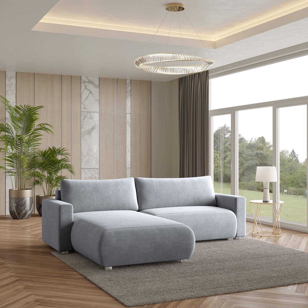 ECKSOFA TURIN M Hellgrau Velours-Stoff mit Schlaffunktion - Hellgrau/Grau, Holz/Kunststoff (265/183cm) - MASSENO