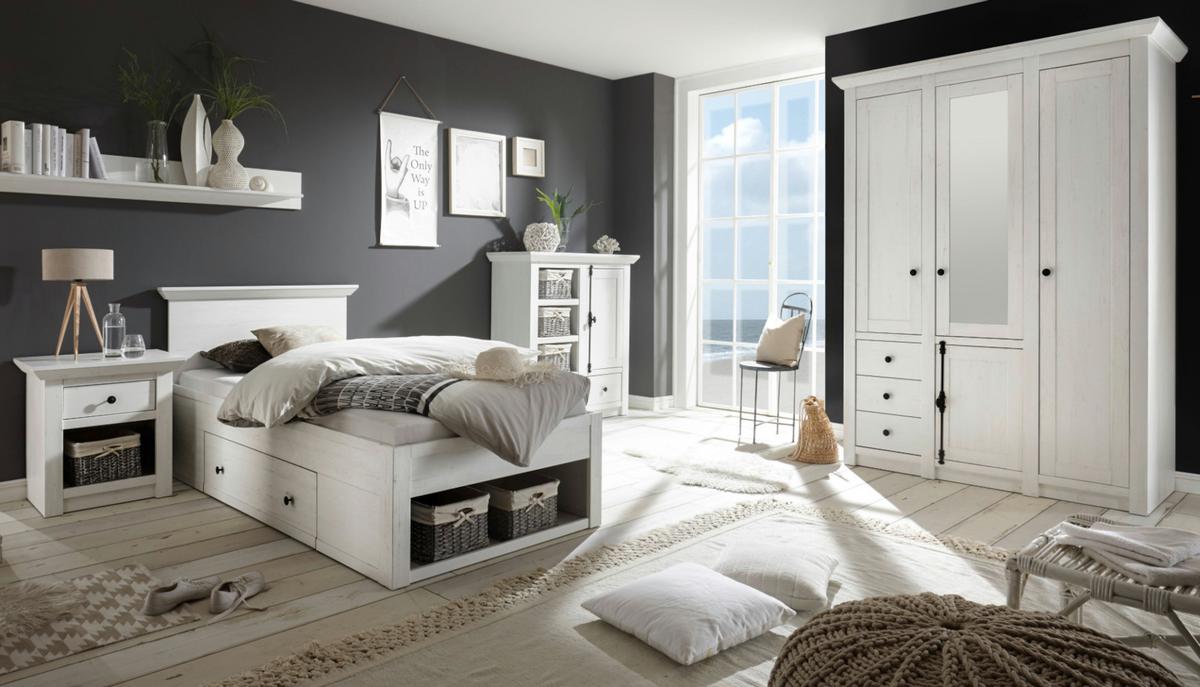 SCHLAFZIMMER-SET 4-teilig Pinie weiß, Komplettset Landhausstil - Schwarz/Weiß, Glas/Holzwerkstoff (147/206/64cm) - Furn.Design
