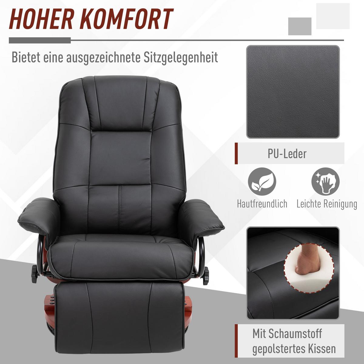 FERNSEHSESSEL Relaxsessel Liegesessel Kunstleder 360° Drehstuhl Holzfuß neigbar - Schwarz/Braun, Leder/Holz (87/100/78cm) - HOMCOM