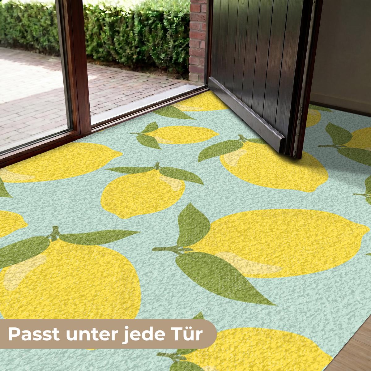 FUSSMATTE Muster Zitronen - Gelb - Blau - Muster - Früchte Flurteppich 180x120 cm - Gelb, Kunststoff (180/0.4cm) - MuchoWow