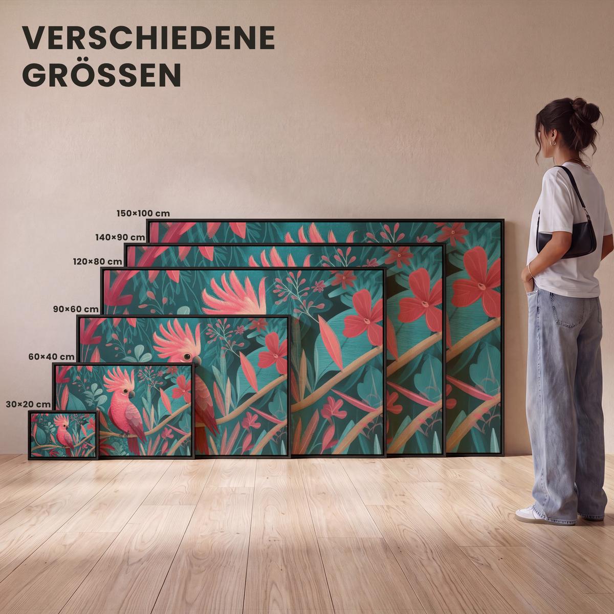 LEINWAND Bilder mit Rahmen - Kakadu - Tropische Blätter - Zweig - 120x80 - Petrol, Textil (120/80cm) - MuchoWow