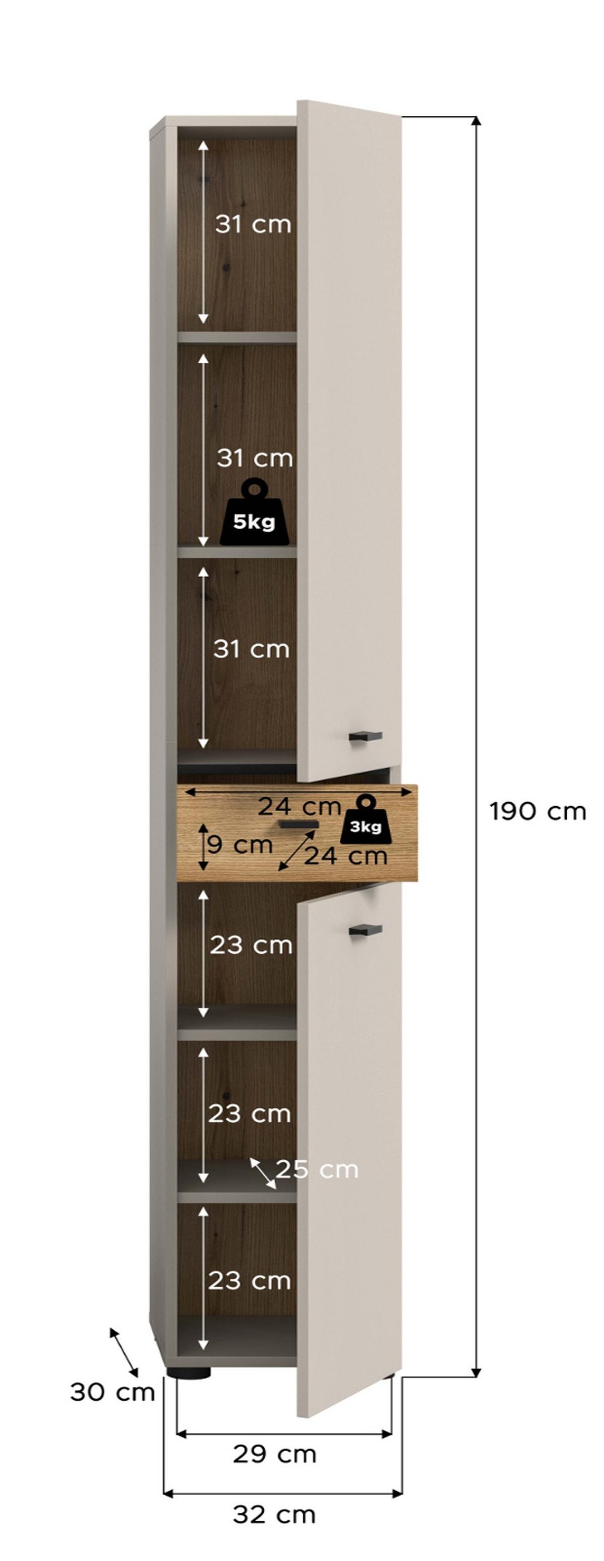 HOCHSCHRANK Kaschmir, Evoke Eiche 32 x 191 cm, Badschrank mit wechselbarem Türanschlag - Kaschmir/Eichefarben, Holzwerkstoff/Kunststoff (32/191/30cm) - Inn.Furn