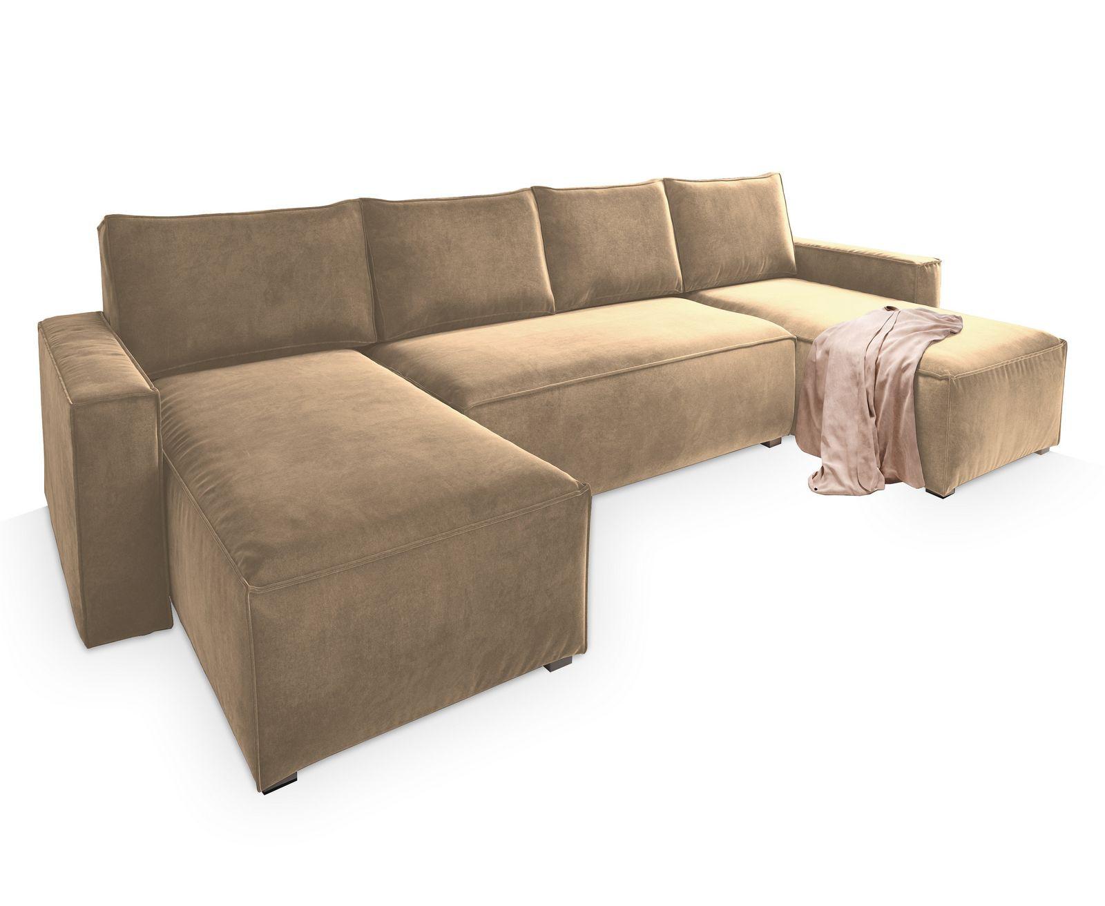 WOHNLANDSCHAFT DENI Creme Velours-Stoff mit Schlaffunktion - Creme/Grau, Holz/Kunststoff (295/85/140cm) - MASSENO