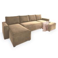 WOHNLANDSCHAFT DENI Creme Velours-Stoff mit Schlaffunktion - Creme/Grau, Holz/Kunststoff (295/85/140cm) - MASSENO