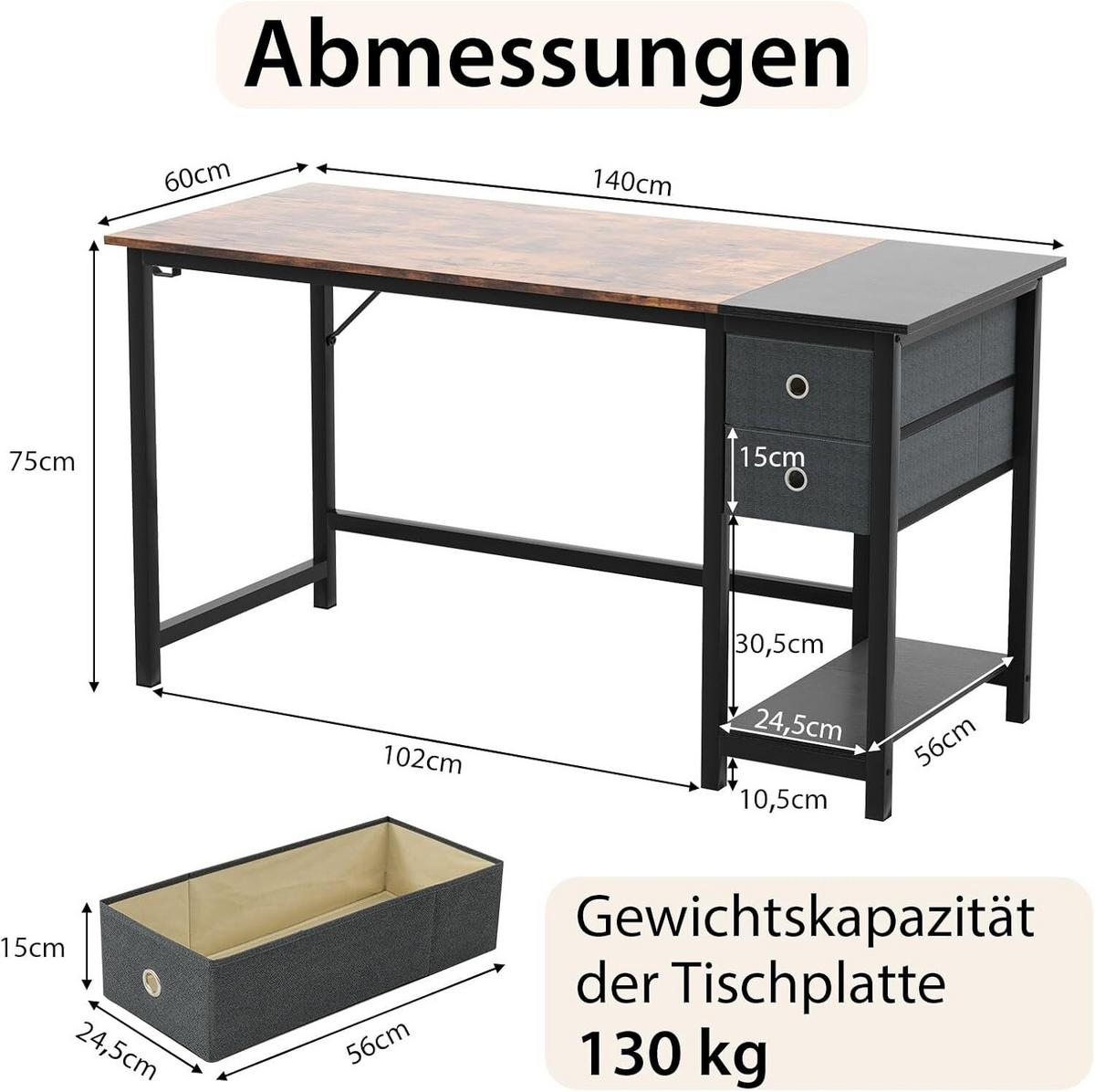 SCHREIBTISCH 75cm Braun - Braun, Holz (60/140/75cm) - COSTWAY