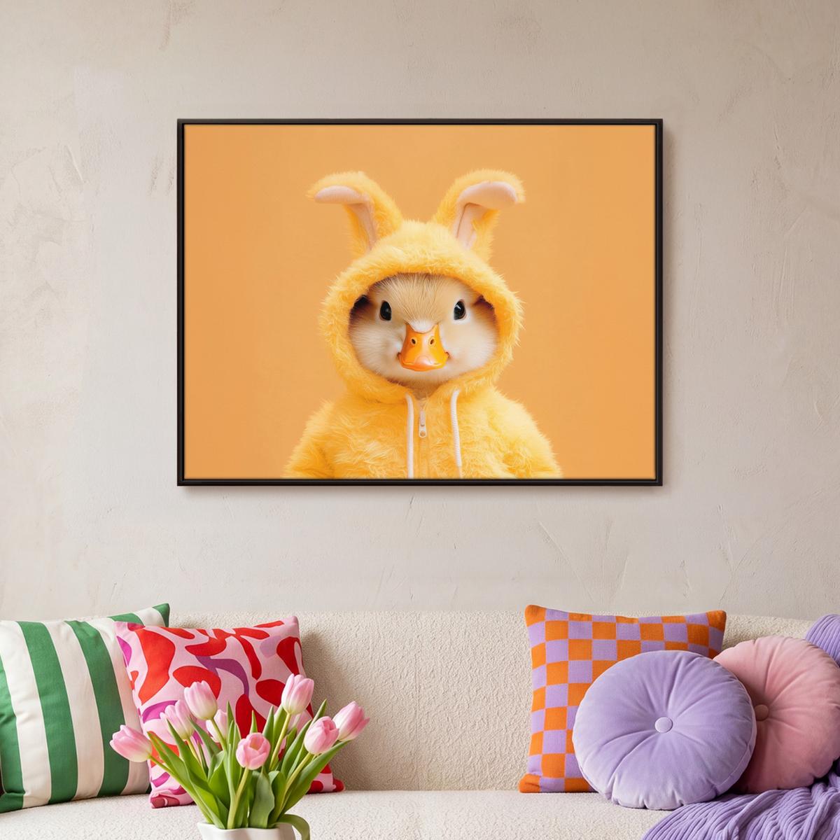 LEINWAND Bilder mit Rahmen - Osterhase - Kostüm - Ente - 70x50 - Gelb, Textil (70/50cm) - MuchoWow