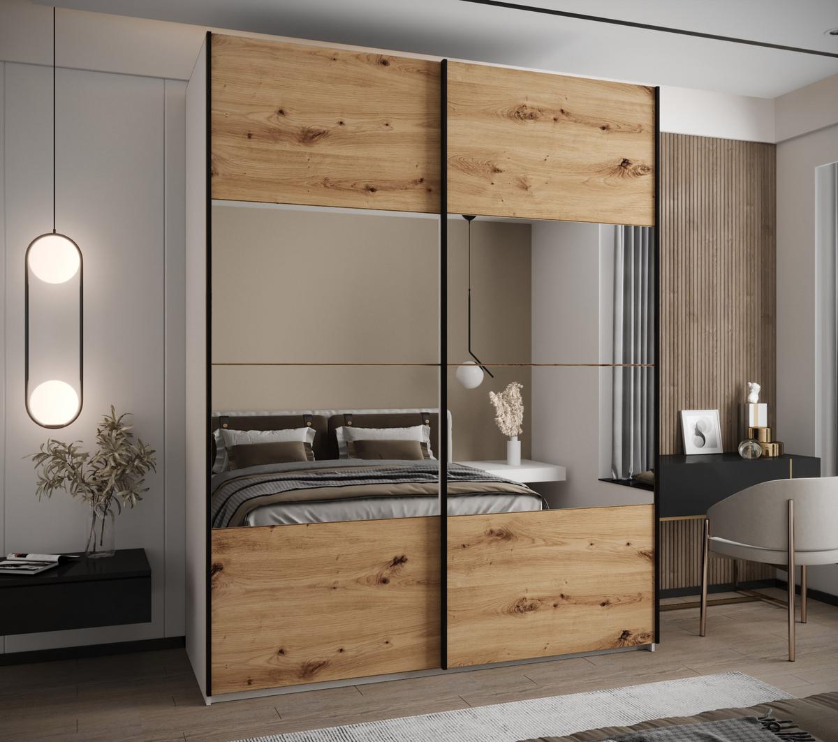 SCHWEBETÜRENSCHRANK 245,5/200/64 2-türig - Schwarz/Eiche Artisan, Holz/Metall (200/245/64cm) - Abiks Möbel