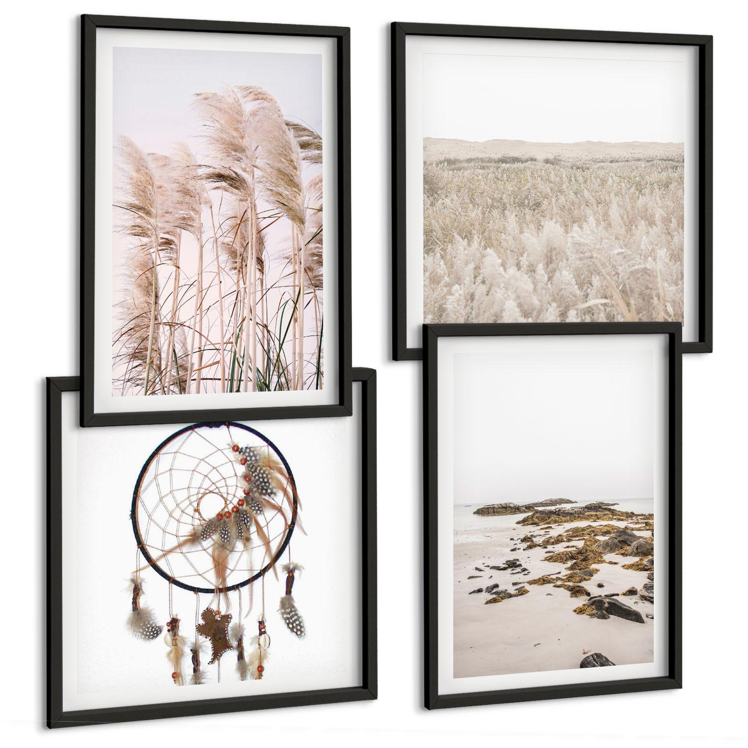BILDER SET 4er Set - 50x50 cm & 40x60 cm Schwarzer Rahmen - Wiesen, Strand, Boho-Stil - Schwarz, Kunststoff (50/50cm) - TULUP