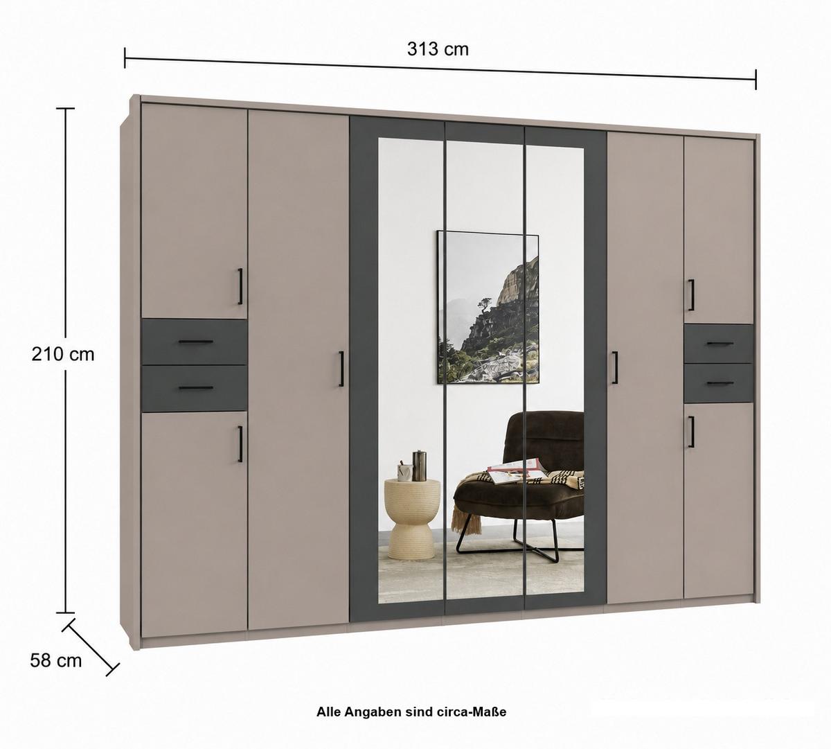 DREHTÜRENSCHRANK B313/H210/T58 cm, Sandgrau mit Absetzungen in Grafit, Kleiderschrank m.Passepartout&3Spiegeltüren&Schubkästen, Griffe schwarz / 22585 - Sandfarben/Schwarz, Holzwerkstoff/Kunststoff (313/210/58cm) - luma-home
