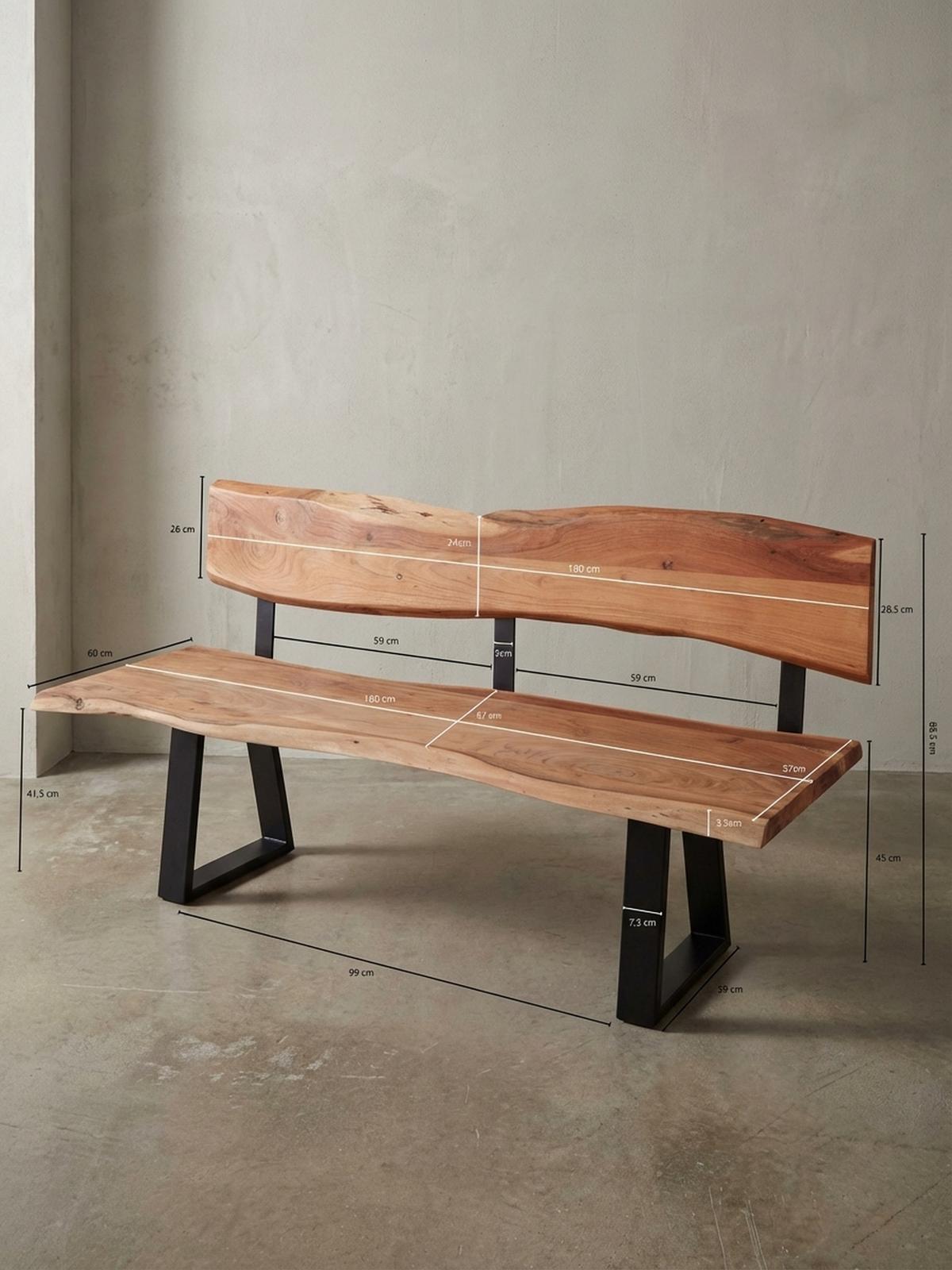 ESSZIMMERBANK Landhausstil Baumkante Akazienholz, Beige 180x60x84 cm - Beige/Schwarz, Holz/Metall (180/84/60cm) - KADIMA DESIGN