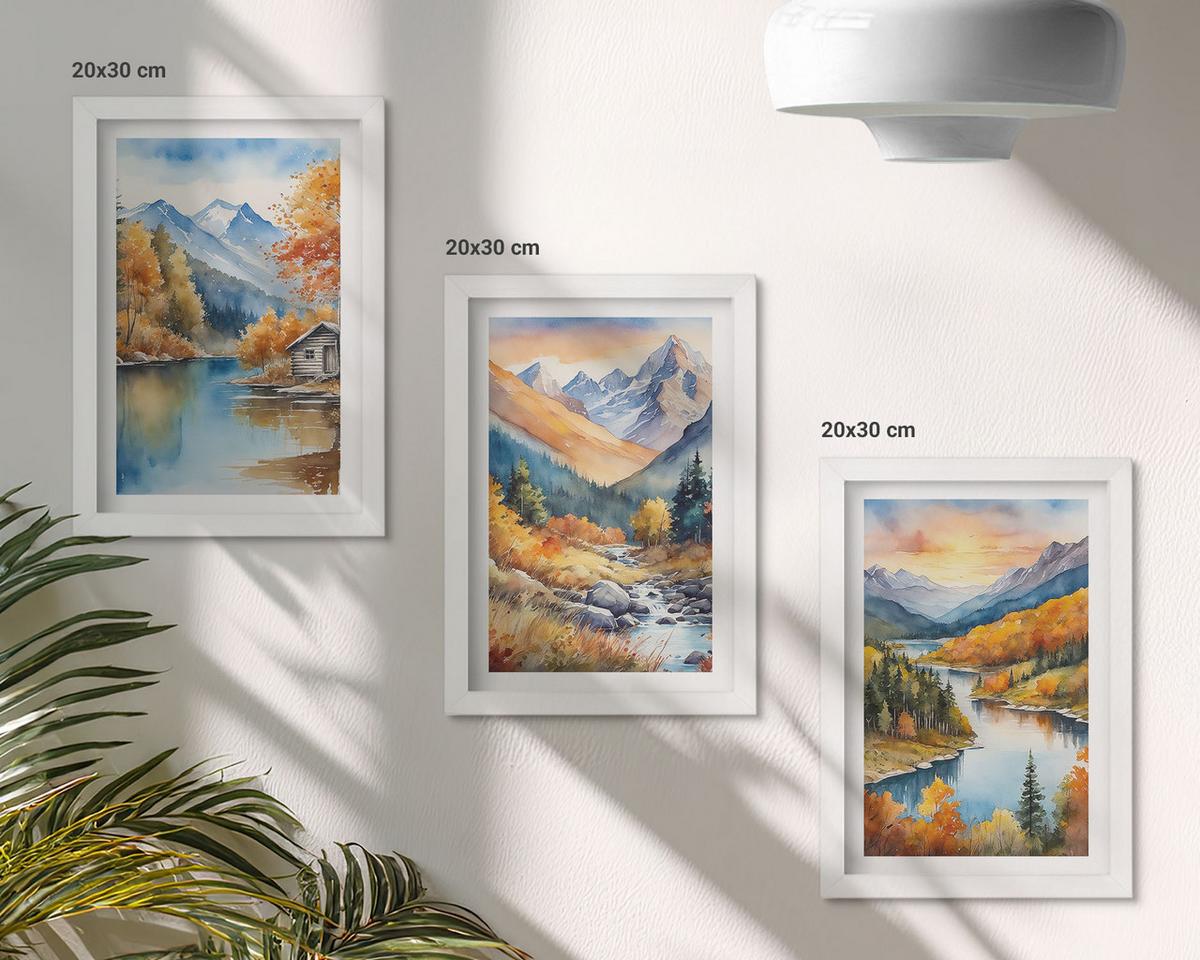 BILDER SET 3er Set - 20x30 cm Weißer Rahmen - Berglandschaft, Fluss, Herbst - Weiß, Kunststoff (20/30cm) - TULUP